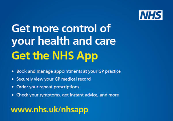 Get more control of your health and care. Get the NHS App. Book and manage appointments at your GP practice, Securely view your GP medical record, Order your repeat prescriptions. Check your symptoms, get instant advice, and more.